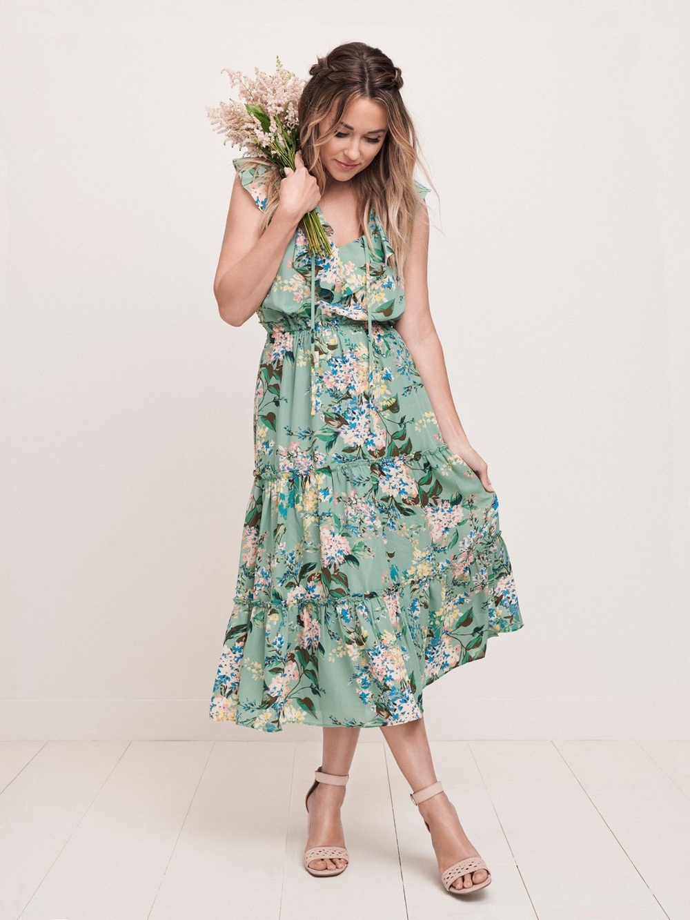 Lauren Conrad- Floral Ruffle Tiered Midi Dress - Sage Green